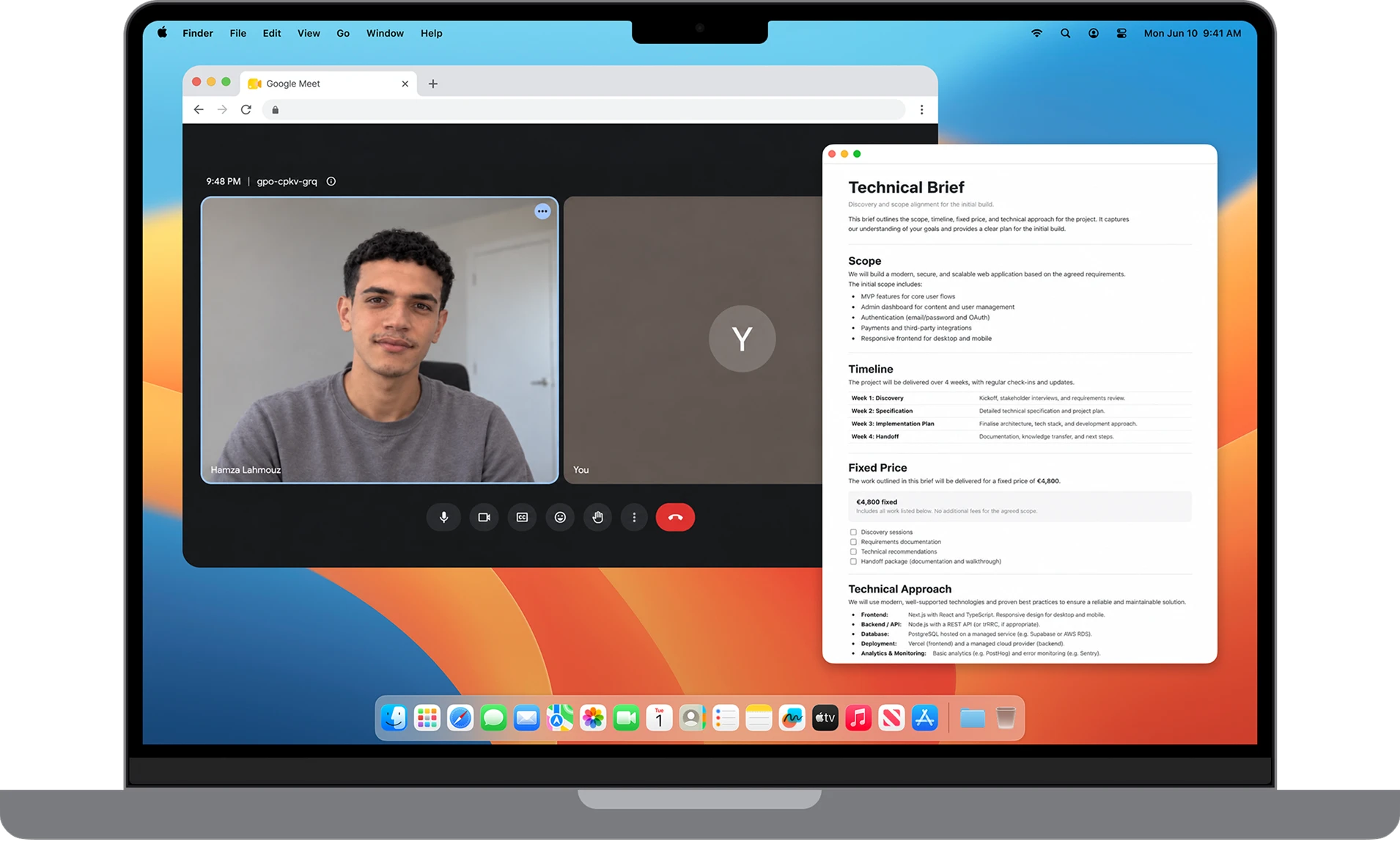 A Google Meet call alongside a technical brief for a product discovery session.